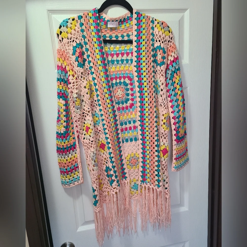 Pink lily pink colorful crochet long sleeve Cardigan - Picture 3 of 6